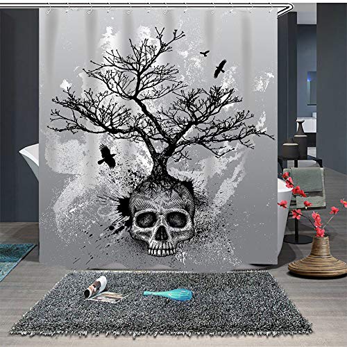 Chickwin Anti-Schimmel & Wasserdicht Duschvorhang für Badezimmer, 3D Halloween Horror Thriller Schädel Drucken mit 12 Duschvorhangringe Waschbar Duschvorhang (180x200cm,Einsamer Schädel) von Chickwin