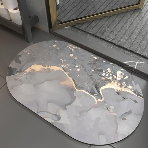 Chickwin Badematte rutschfest Saugfähig, Marmor Drucken Ovale Form Schnelltrocknend Absorbierende Badematten Badematte Diatomite Bath Mat Antirutsch Badezimmermatte (60x90cm,Grau Gold) von Chickwin