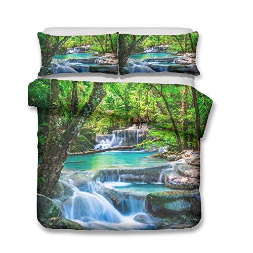 Chickwin Bettbezug Set 3D, 3 Teilig Bettwäsche mit 2 Kissenbezüge Wasserfluss Landschaft Drucken Mikrofaser Hypoallergen Atmungsaktive Bequem Weich Haltbar für Doppelbett (Moos,135x200cm) von Chickwin