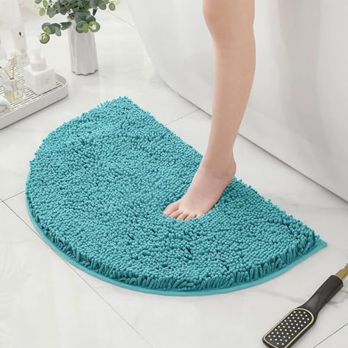 Chickwin Chenille Badematte rutschfest, Halbkreisförmig Saugfähig Badematte Chenille Badteppich Weich Komfort Badezimmermatte Badezimmerteppich Badvorleger Duschvorleger (Seeblau,50x80cm) von Chickwin