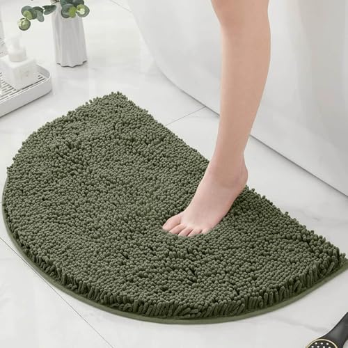 Chickwin Chenille Badematte rutschfest, Saugfähig Badematte Chenille Badteppich Halbkreisförmig Weich Komfort Badezimmermatte Badezimmerteppich Badvorleger Duschvorleger (Olivgrün,40x60cm) von Chickwin