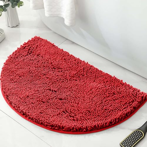Chickwin Chenille Badematte rutschfest, Saugfähig Badematte Chenille Badteppich Halbkreisförmig Weich Komfort Badezimmermatte Badezimmerteppich Badvorleger Duschvorleger (Rot,50x80cm) von Chickwin
