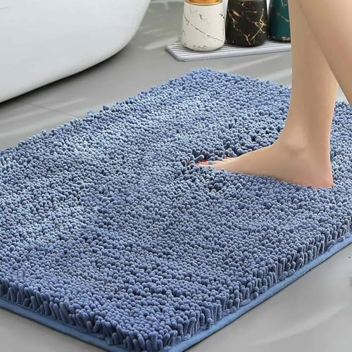 Chickwin Chenille Badematte rutschfest, Saugfähig Badematte Chenille Badteppich Weich Komfort Badezimmermatte Badezimmerteppich Badvorleger Duschvorleger Waschbar (Blau,40x120cm) von Chickwin
