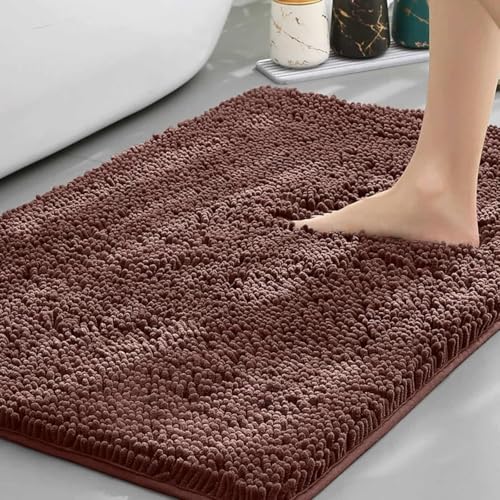 Chickwin Chenille Badematte rutschfest, Saugfähig Badematte Chenille Badteppich Weich Komfort Badezimmermatte Badezimmerteppich Badvorleger Duschvorleger Waschbar (Braun,40x60cm) von Chickwin