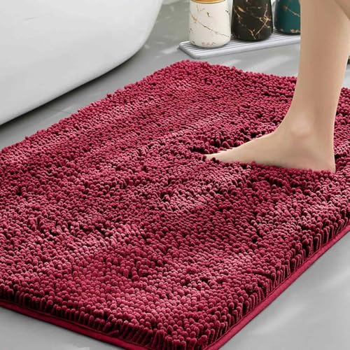 Chickwin Chenille Badematte rutschfest, Saugfähig Badematte Chenille Badteppich Weich Komfort Badezimmermatte Badezimmerteppich Badvorleger Duschvorleger Waschbar (Burgunderrot,40x120cm) von Chickwin
