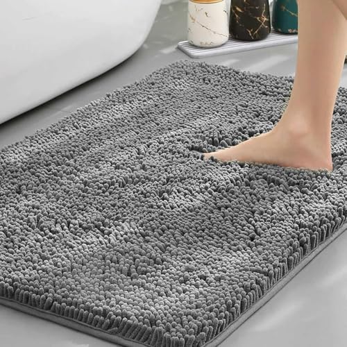 Chickwin Chenille Badematte rutschfest, Saugfähig Badematte Chenille Badteppich Weich Komfort Badezimmermatte Badezimmerteppich Badvorleger Duschvorleger Waschbar (Dunkelgrau,40x60cm) von Chickwin