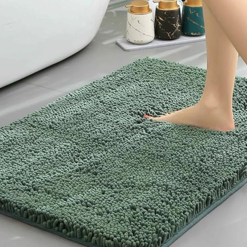 Chickwin Chenille Badematte rutschfest, Saugfähig Badematte Chenille Badteppich Weich Komfort Badezimmermatte Badezimmerteppich Badvorleger Duschvorleger Waschbar (Grün,40x180cm) von Chickwin