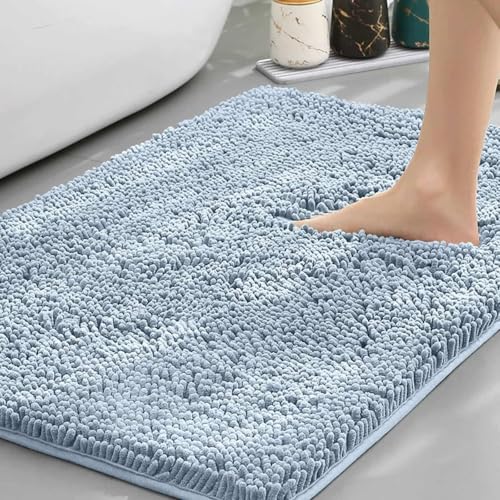 Chickwin Chenille Badematte rutschfest, Saugfähig Badematte Chenille Badteppich Weich Komfort Badezimmermatte Badezimmerteppich Badvorleger Duschvorleger Waschbar (Hellblau,80x120cm) von Chickwin