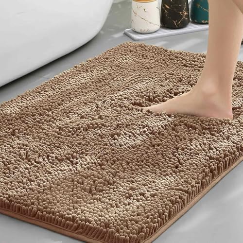 Chickwin Chenille Badematte rutschfest, Saugfähig Badematte Chenille Badteppich Weich Komfort Badezimmermatte Badezimmerteppich Badvorleger Duschvorleger Waschbar (Kamelfarbe,60x120cm) von Chickwin