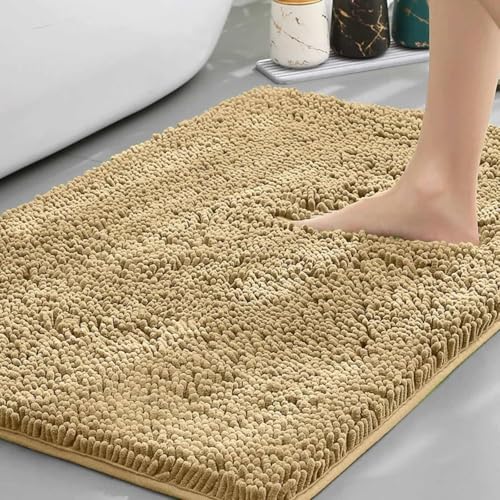 Chickwin Chenille Badematte rutschfest, Saugfähig Badematte Chenille Badteppich Weich Komfort Badezimmermatte Badezimmerteppich Badvorleger Duschvorleger Waschbar (Khaki Farbe,50x160cm) von Chickwin