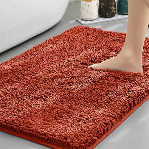 Chickwin Chenille Badematte rutschfest, Saugfähig Badematte Chenille Badteppich Weich Komfort Badezimmermatte Badezimmerteppich Badvorleger Duschvorleger Waschbar (Orange,60x90cm) von Chickwin