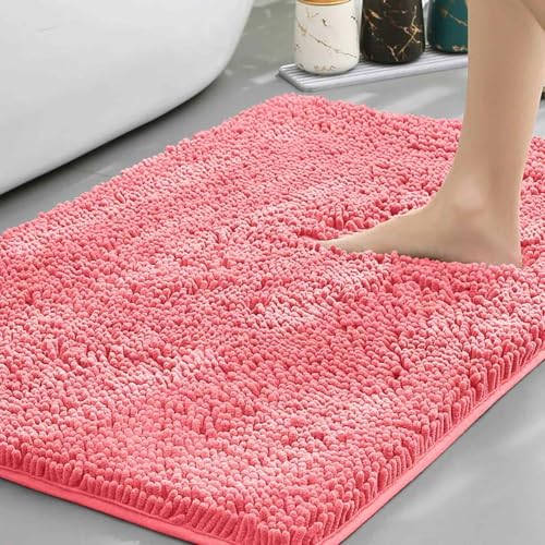 Chickwin Chenille Badematte rutschfest, Saugfähig Badematte Chenille Badteppich Weich Komfort Badezimmermatte Badezimmerteppich Badvorleger Duschvorleger Waschbar (Rosa,50x80cm) von Chickwin