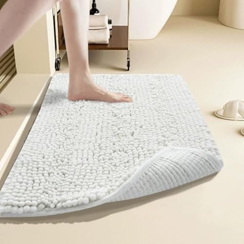 Chickwin Chenille Badematte rutschfest, Saugfähig Badematte Chenille Badteppich Weich Komfort Badezimmermatte Badezimmerteppich Badvorleger Duschvorleger für Badewanne (Weiß A,40x60cm) von Chickwin