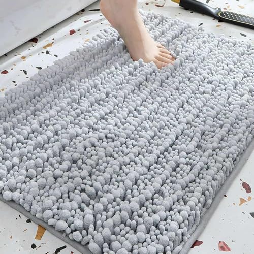 Chickwin Chenille Badematte rutschfest,Saugfähig Badematte Chenille Badteppich Weich Komfort Badezimmermatte Badezimmerteppich Badvorleger für Dusche Badewanne Schlafzimmer (Hellgrau,43x61cm) von Chickwin