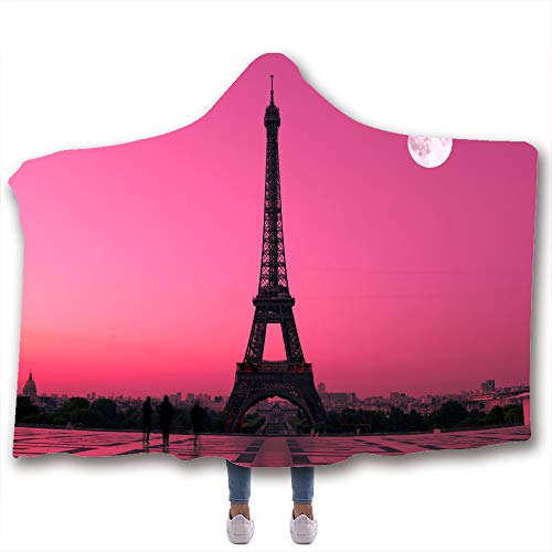Chickwin Decke mit Kapuze, 3D Europa Paris Eiffelturm Druck Kuscheldecke Plüschdecke Pelzdecke Hoodie für Erwachsene Kind Couch Sofa oder Bett (200x150cm,Pink modern) von Chickwin