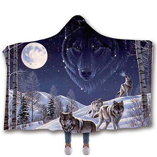 Chickw1 Decke mit Kapuze, Kuscheldecke 3D Mode Sternenhimmel Wolf Drucken Plüschdecke Hoodie für Erwachsene Kind Couch Sofa oder Bett (150x130cm,Schneewolf) von Chickwin