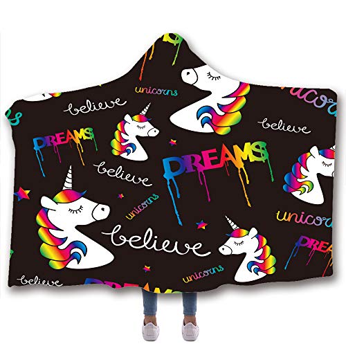 Chickwin Decke mit Kapuze für Mädchen Erwachsene und Kinder,3D Schön Verträumt Einhorn Drucken Hoodie Wearable Wohndecke Schlafdecke Sofadecke Plüschdecke Couchdecke (200x150cm,D) von Chickwin