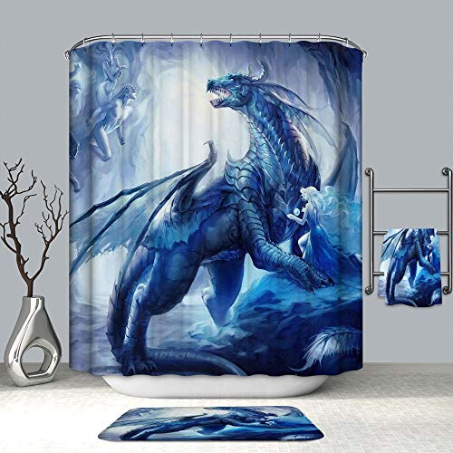 Chickwin Drachen Duschvorhang Wasserdicht Anti-Schimmel Anti-Bakteriell mit 12 Haken Duschvorhangringe Polyester Bad Vorhang für Badezimmer Decor 3D Drucken (Blauer Drache,180x180cm) von Chickwin