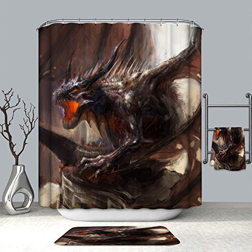 Chickwin Drachen Duschvorhang Wasserdicht Anti-Schimmel Anti-Bakteriell mit 12 Haken Duschvorhangringe Polyester Bad Vorhang für Badezimmer Decor 3D Drucken (Böser Drache,180x200cm) von Chickwin