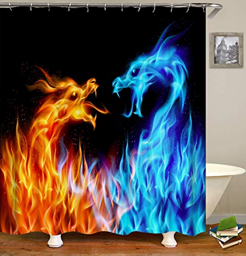 Chickwin Drachen Duschvorhang Wasserdicht Anti-Schimmel Anti-Bakteriell mit 12 Haken Duschvorhangringe Polyester Bad Vorhang für Badezimmer Decor 3D Drucken (Feuerdrache,180x200cm) von Chickwin