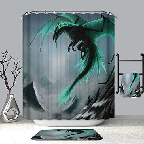 Chickwin Drachen Duschvorhang Wasserdicht Anti-Schimmel Anti-Bakteriell mit 12 Haken Duschvorhangringe Polyester Bad Vorhang für Badezimmer Decor 3D Drucken (Grüner Drache,150x180cm) von Chickwin