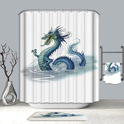 Chickwin Drachen Duschvorhang Wasserdicht Anti-Schimmel Anti-Bakteriell mit 12 Haken Duschvorhangringe Polyester Bad Vorhang für Badezimmer Decor 3D Drucken (Seedrache,120x180cm) von Chickwin