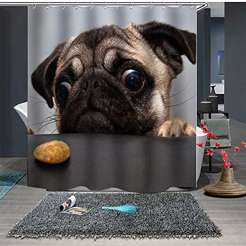 Chickwin Duschvorhang Anti-Schimmel & Wasserdicht, 3D Creative Haustiere Welpen Drucken Duschvorhang mit 12 Duschvorhangringe für Badezimmer (180x200cm,Mops) von Chickwin