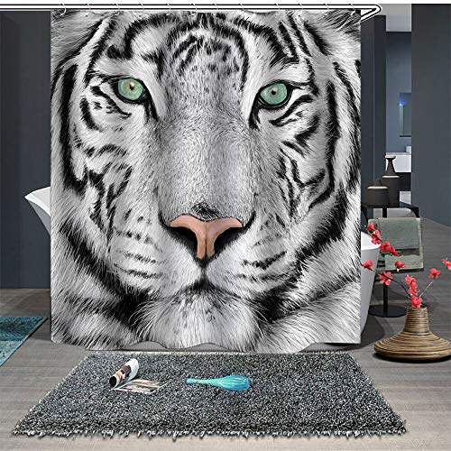 Chickwin Duschvorhang Anti-Schimmel & Wasserdicht, 3D Creative Löwe Tiger Drucken Duschvorhang mit 12 Duschvorhangringe für Badezimmer (180x180cm,Weißer Tiger 2) von Chickwin