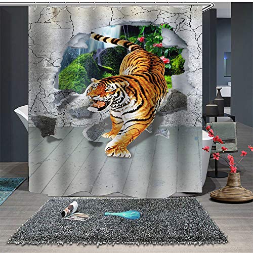 Chickwin Duschvorhang Anti-Schimmel & Wasserdicht, 3D Creative Löwe Tiger Drucken Duschvorhang mit 12 Duschvorhangringe für Badezimmer (180x200cm,Wand Tiger) von Chickwin