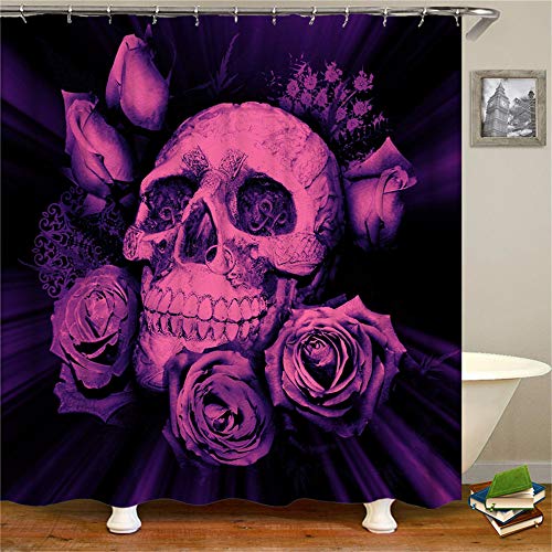 Chickwin Duschvorhang Anti-Schimmel & Wasserdicht, 3D Gothic Blumen Thriller Schädel Dekoration Duschvorhang mit 12 Duschvorhangringe für Badezimmer (180x200cm,Rosenschädel) von Chickwin