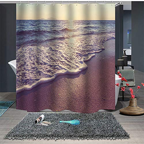 Chickwin Duschvorhang Anti-Schimmel & Wasserdicht, 3D Meer Strand und Ozeanwellen Drucken Duschvorhang mit 12 Duschvorhangringe für Badezimmer (150x180cm,J) von Chickwin