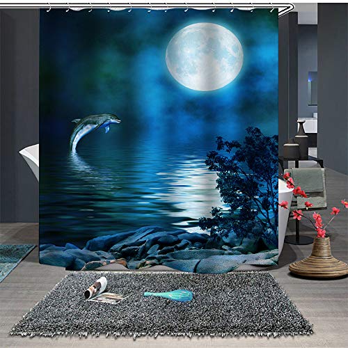 Chickwin Duschvorhang Anti-Schimmel & Wasserdicht, 3D Ozean Blau Delphin Duschvorhang mit 12 Duschvorhangringe für Badezimmer (150x180cm,Mond Schein) von Chickwin