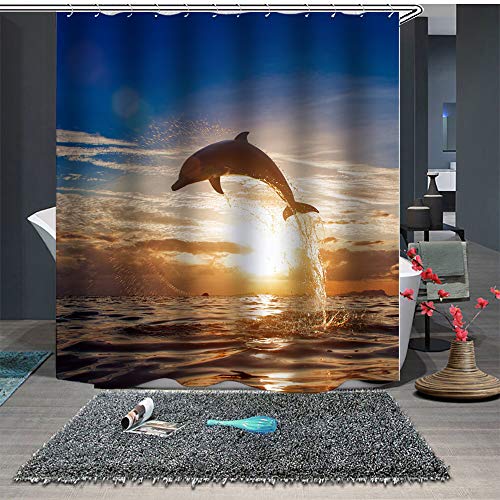 Chickwin Duschvorhang Anti-Schimmel & Wasserdicht, 3D Ozean Blau Delphin Duschvorhang mit 12 Duschvorhangringe für Badezimmer (150x180cm,Sonnenuntergang Delphin) von Chickwin