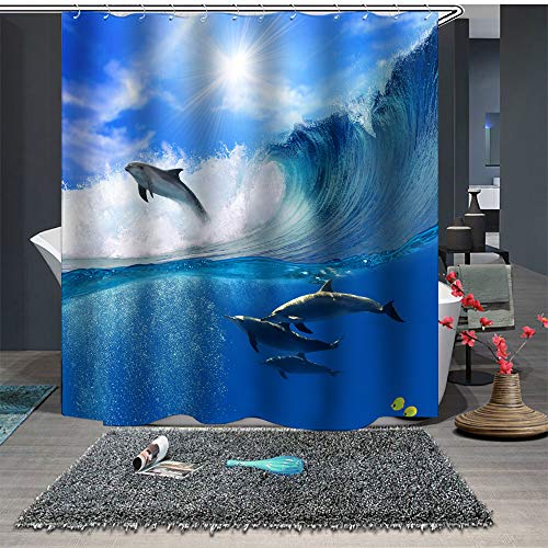 Chickwin Duschvorhang Anti-Schimmel & Wasserdicht, 3D Ozean Blau Delphin Duschvorhang mit 12 Duschvorhangringe für Badezimmer (180x200cm,Riesige Wellen) von Chickwin