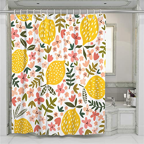 Chickw1 Duschvorhang Wasserdicht, Anti-Schimmel Badvorhänge aus Polyester Waschbar mit 12 Duschvorhangringe Dusche in Badezimmer Vorhänge- 3D Saure Zitrone Drucken (Pinke Blumen,180x200cm) von Chickwin
