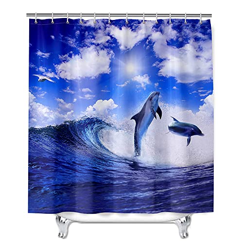 Chickwin Duschvorhang Wasserdicht, Delfin 3D Anti-Schimmel Waschbar Antischimmel Badewanne Shower Curtain mit 12 Ringes- für Badezimmer Vorhänge Decor (Blauer Himmel,120x180cm) von Chickwin