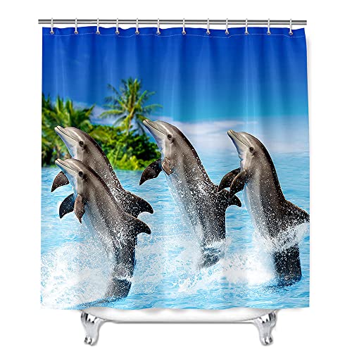 Chickwin Duschvorhang Wasserdicht, Delfin 3D Anti-Schimmel Waschbar Antischimmel Badewanne Shower Curtain mit 12 Ringes- für Badezimmer Vorhänge Decor (Urlaub,180x180cm) von Chickwin