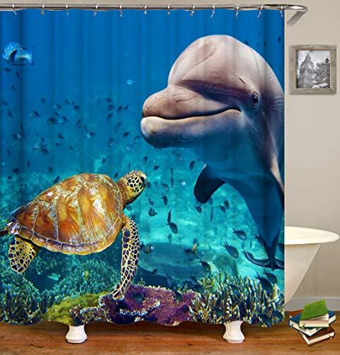 Chickwin Duschvorhang Wasserdicht Anti-Schimmel 3D Meerestiere Drucken Polyester Bad Vorhang mit 12 Duschvorhangringe für Badezimmer Decor (150x180cm,Gelbe Schildkröte) von Chickwin