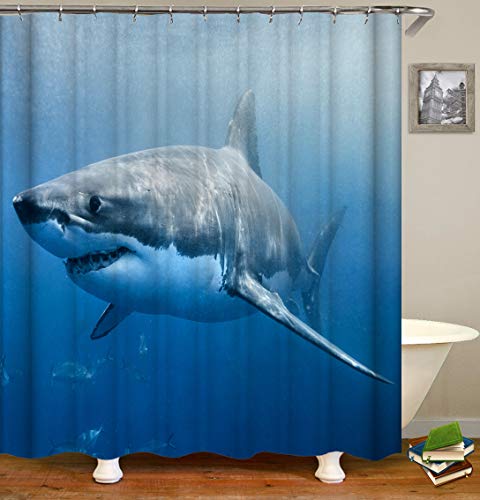 Chickwin Duschvorhang Wasserdicht Anti-Schimmel 3D Meerestiere Drucken Polyester Bad Vorhang mit 12 Duschvorhangringe für Badezimmer Decor (180x180cm,Blauer Hai) von Chickwin