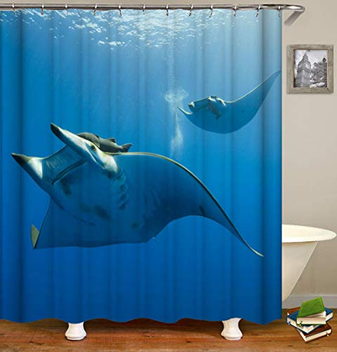 Chickwin Duschvorhang Wasserdicht Anti-Schimmel 3D Meerestiere Drucken Polyester Bad Vorhang mit 12 Duschvorhangringe für Badezimmer Decor (180x200cm,Blaue Mobula) von Chickwin