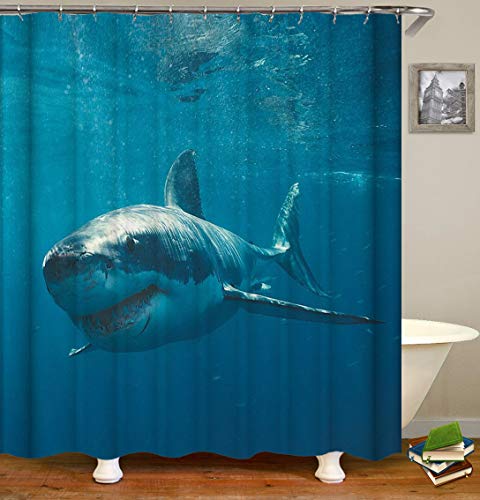 Chickwin Duschvorhang Wasserdicht Anti-Schimmel 3D Meerestiere Drucken Polyester Bad Vorhang mit 12 Duschvorhangringe für Badezimmer Decor (90x180cm,Grüner Hai) von Chickwin