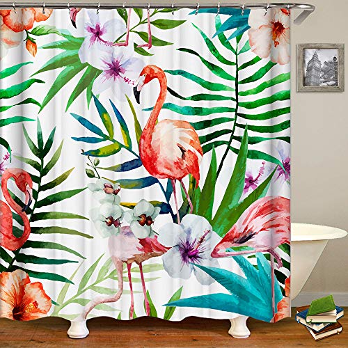 Chickwin Duschvorhang Wasserdicht Anti-Schimmel Shower Curtain Waschbar Polyester Badezimmer Vorhänge mit 12 Duschvorhangringe für Badezimmer Decor- 3D Grüne Pflanze (Flamingo,150x180cm) von Chickwin