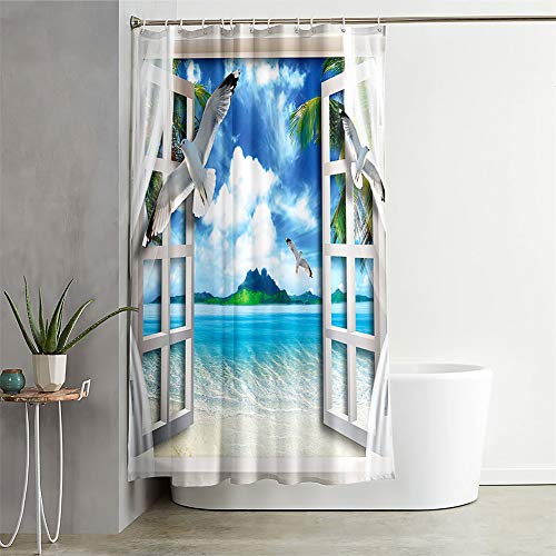 Chickwin Duschvorhang Wasserdicht Antischimmel, Duschvorhänge mit 3D Motiv Badezimmer Polyester Waschbar Bad Vorhang mit 12 Duschvorhangringe Badewanne Vorhang (Möwe am Meer,130x180cm) von Chickwin