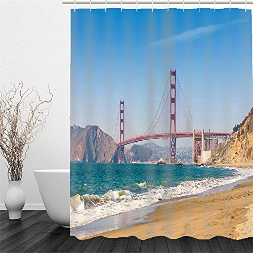 Chickw1 Duschvorhang Wasserdicht Antischimmel,Duschvorhänge mit 3D Motiv Badezimmer Polyester Waschbar Bad Vorhang mit 12 Duschvorhangringe Badewanne Vorhang (Golden Gate Bridge,200x200cm) von Chickwin