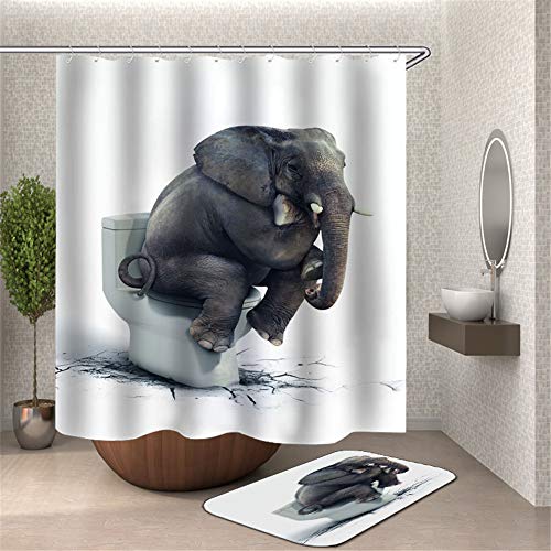 Chickwin Duschvorhang mit 12 Ringe, Polyestergewebe Wasserdicht Anti-Schimmel Maschinenwaschbar Duschvorhang Bad Vorhang für Badewanne Duschen Badezimmer Dekorative (Toilettenelefant,180x200cm) von Chickwin