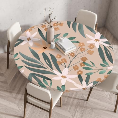 Chickwin Elastische Runde Tischdecke 3D Blumen Pflanzenmuster Wasserdicht Wischbare rutschfeste Garten Tischdecke mit Gummizug Tischabdeckung für Drinnen Draußen Esstisch (Blume 5,70cm) von Chickwin