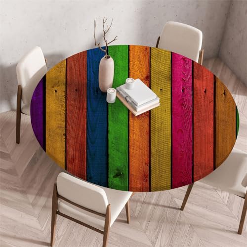 Chickwin Elastische Tischdecke Rund Outdoor Fleckschutz Abwischbar 3D Hölzerne Textur Muster Anti-Rutsch Round Gartentischdecke Tischdecke für Küche Camping Picknick (100cm,Bunt) von Chickwin