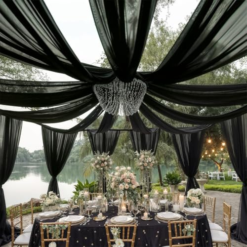 Chickwin Hochzeit Vorhang Hochzeitsbogen, Tüll Querbehang Freihanddeko, Stoff Transparent Voile Dekoration, für Fotohintergrund Party Torbogen Zeremonie Hochzeitsdeko (Schwarz,150 * 600cm) von Chickwin