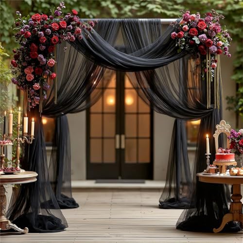 Chickwin Hochzeit Vorhang Hochzeitsbogen, Tüll Querbehang Freihanddeko, Stoff Transparent Voile Dekoration, für Fotohintergrund Party Torbogen Zeremonie Hochzeitsdeko (Schwarz,80x600cm) von Chickwin