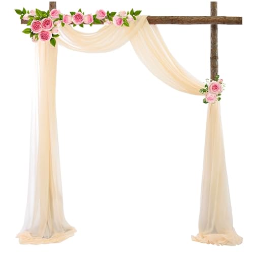 Chickwin Hochzeit Vorhang Hochzeitsbogen, Tüll Querbehang Himmelbett Vorhänge mit 2 Bändern, Transparent Voile Dekoration, für Fotohintergrund Party Zeremonie Hochzeitsdeko (Beige,75x300cm) von Chickwin